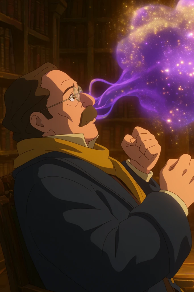 2D animated cinematic frame, cel-shaded art style, middle-aged male scholar with a thick mustache and round wire-rimmed glasses, heavy dark blue overcoat, mustard yellow scarf, leaning back in surprise with clenched raised hands, sentient cloud of glowing purple and gold stardust, bright violet ethereal tendril extending toward the scholar's face, intense warm golden ambient lighting contrasting with the vivid purple magical glow, dimly lit ancient library background, tall dark wooden bookshelves, magical fantasy atmosphere, close-up side profile angle
