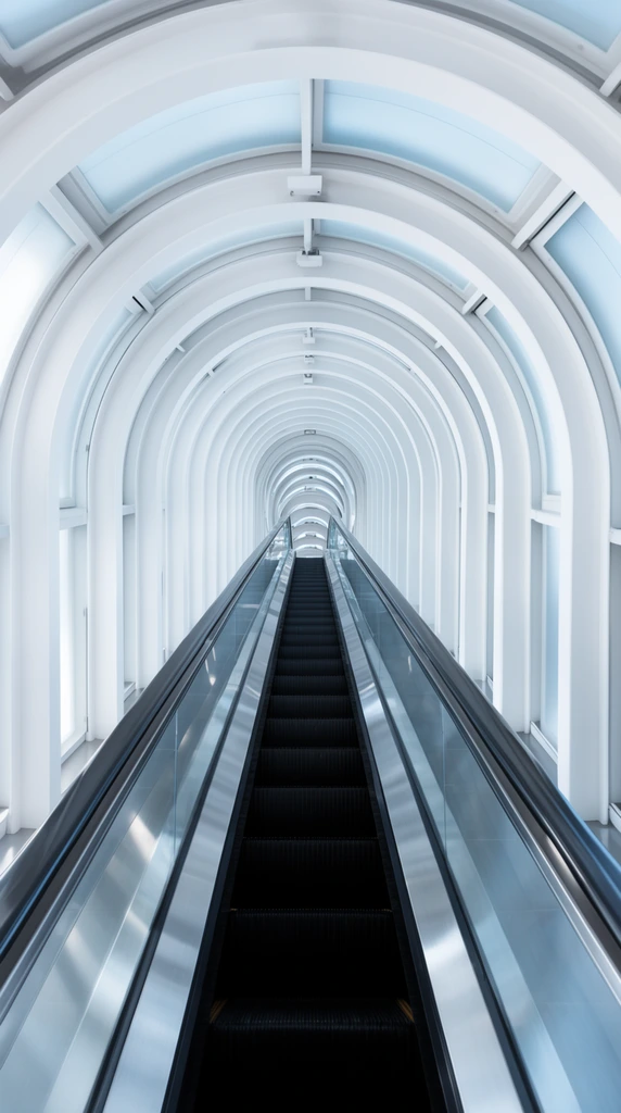 A central escalator ascends through a symmetrical cylindrical tunnel of repeating white architectural arches. Dark treads, metallic side panels, and glass balustrades create sharp leading lines converging at a distant vanishing point. Frosted panels between the ribs diffuse cool light into the futuristic space. Shot in strict one-point perspective, the photograph highlights mesmerizing depth, geometric precision, and a minimalist palette of bright white, silver, and deep black.