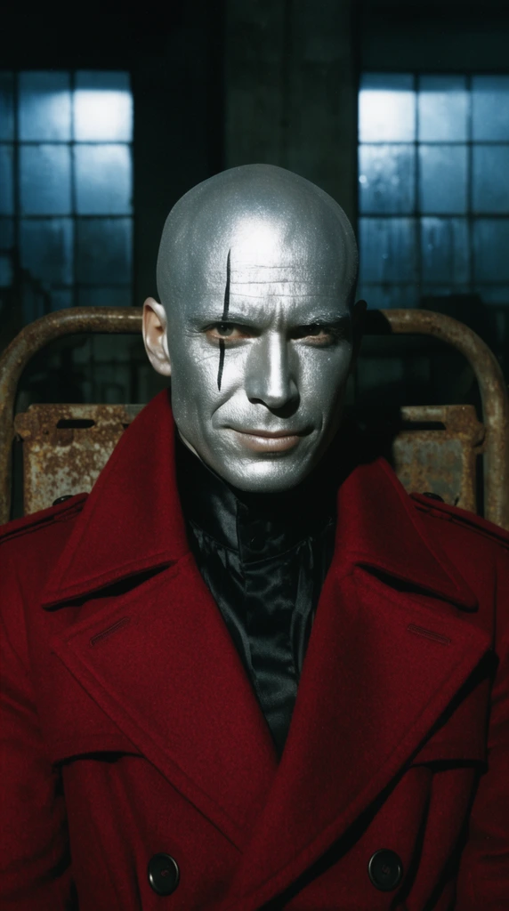 Cinematic portrait of a bald man with metallic silver face paint and a vertical black line across his right eye. He has an intense stare and subtle smirk, seated in a rusted iron chair. He wears a crimson wool trench coat and high-collared black silk shirt. The background is a shadowy industrial space with frosted glass windows showing cool blue ambient light. High contrast, 35mm film aesthetic.