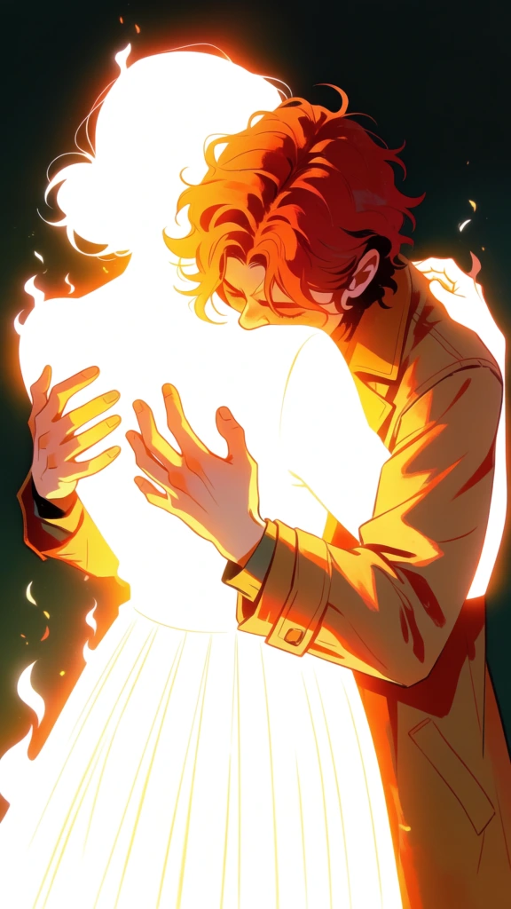 A vibrant digital illustration captures a dramatic, high-contrast embrace between a person with red hair and a glowing white silhouette against a dark background. The individual with messy, wavy orange-red hair is depicted from a high angle, burying their face into the shoulder of the other figure. This person wears a tan or light brown coat with visible seams and buttoned cuffs, and their hands are wrapped tightly around the other person's back, fingers splayed and gripping. The second figure is rendered as a brilliant, featureless white silhouette that radiates an intense yellow and orange glow, obscuring any facial features or skin tones. This glowing figure appears to wear a pleated garment, with faint vertical lines visible on the lower portion of their form. Small, wispy flame-like embers of white light rise from the edges of the glowing figure, blending into the surrounding air. The background is a solid, dark greenish-black, providing a stark contrast that emphasizes the brilliance of the central subjects. The lighting is harsh and directional, emanating from the glowing figure and casting deep, warm shadows across the red-haired individual's clothing and skin. The color palette is dominated by intense whites, vibrant yellows, and warm oranges, creating a sense of heat and luminosity within the scene. The art style uses clean lines and dramatic lighting typical of modern digital character illustration, focusing on atmospheric intensity rather than environmental detail.