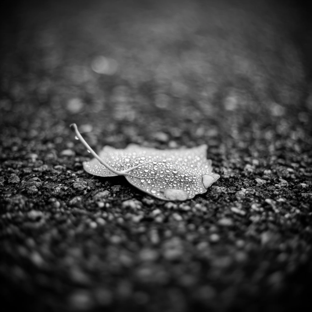 A black-and-white macro photograph of a single fallen leaf resting on rough, granular pavement. The leaf is densely covered in tiny, spherical water droplets glistening under soft, diffuse lighting. Sharp focus on the delicate stem and curled edges contrasts with an extremely shallow depth of field. The foreground and background dissolve into heavy, smooth circular bokeh. Dark vignetting emphasizes the sparkling, intricate textures of the damp leaf against the blurred asphalt.