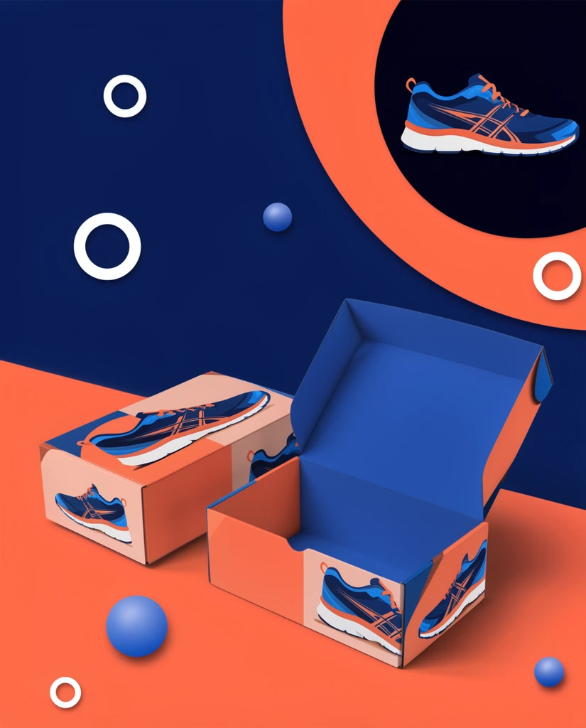 A stylized 3D product mockup features two rectangular shoeboxes adorned with graphics of a blue and orange athletic running shoe. One box rests flat while the other has its lid angled upwards, exposing a solid blue interior. The boxes are positioned on a diagonally bisected background of deep navy blue and vibrant coral orange. Scattered around the composition are abstract geometric accents, including hollow white rings and small, smooth blue spheres. The upper right corner features a large curved orange graphic framing a dark circular inset containing a flat vector illustration of the shoe. The aesthetic blends graphic design presentation with 3D rendering, utilizing crisp edges, flat color fields, and soft drop shadows to create dimensional depth within a high-contrast complementary color palette.