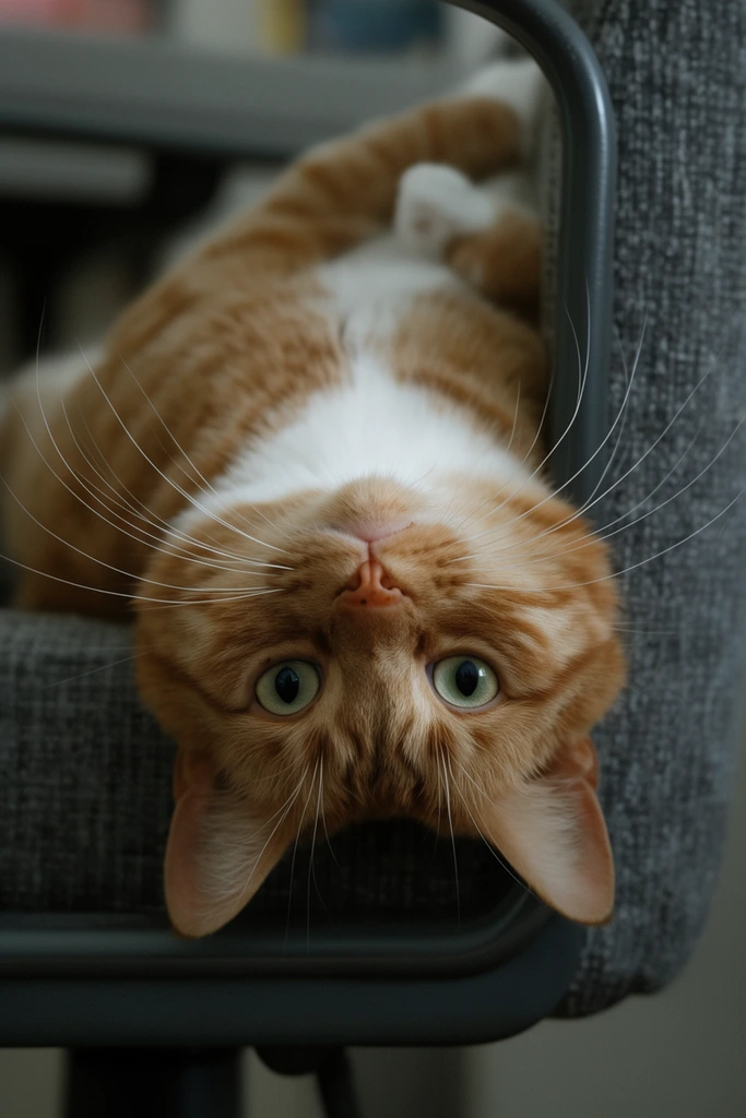 close-up of an orange and white tabby cat lying upside down, head hanging inverted off a textured gray fabric chair armrest, striking green eyes making direct eye contact, long prominent curving white whiskers, soft detailed orange striped fur with a white chest and paws, dark gray chair hardware, shallow depth of field with a blurred background, soft muted natural lighting, playful composition
