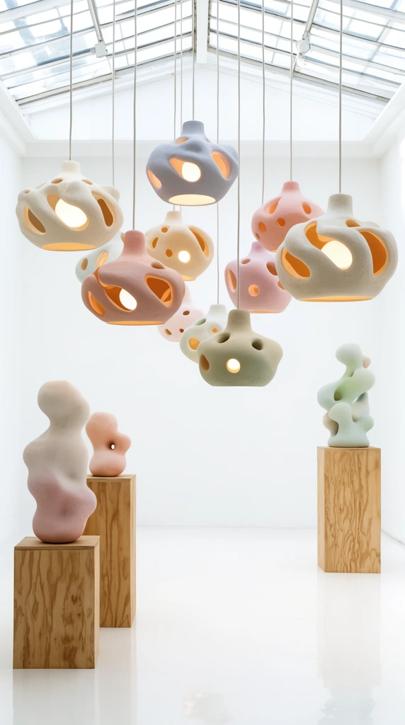 biomorphic pastel ceramic pendant lights hanging in a stark white gallery, warm glowing cutouts, bulbous clay sculptures on faux wood pedestals, glossy white floor, glass paneled ceiling, bright high-key lighting