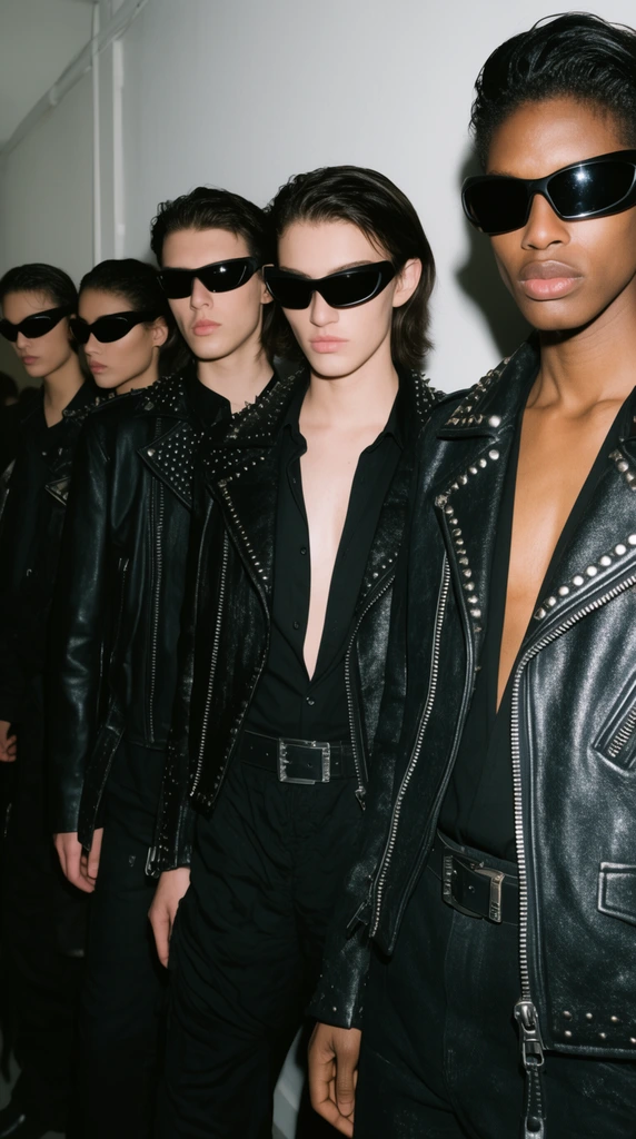 five fashion models lined up against a white wall, avant-garde streetwear, futuristic black sunglasses, studded jackets, heavy metal zippers, deep v-neck shirt, harsh flash photography, sharp shadows, high fashion backstage