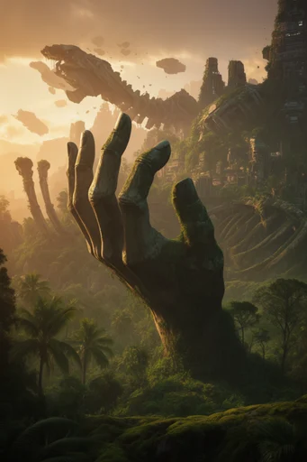 Monolithic Mythic Horizons style reference image — atmospheric golden hour light