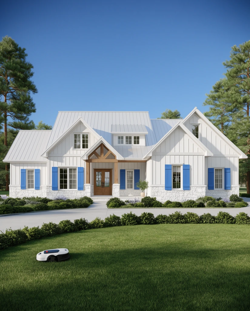 A photorealistic architectural rendering of a sprawling modern farmhouse in bright daylight. The structure features white board-and-batten siding, a textured white stone lower facade, and a pale standing-seam metal roof. Bright blue shutters frame multi-pane windows alongside a covered entryway with exposed wooden timber trusses. A manicured green lawn with a small robotic lawnmower fills the foreground, bordered by a shrub-lined concrete driveway and framed by tall pine trees under a clear blue sky.