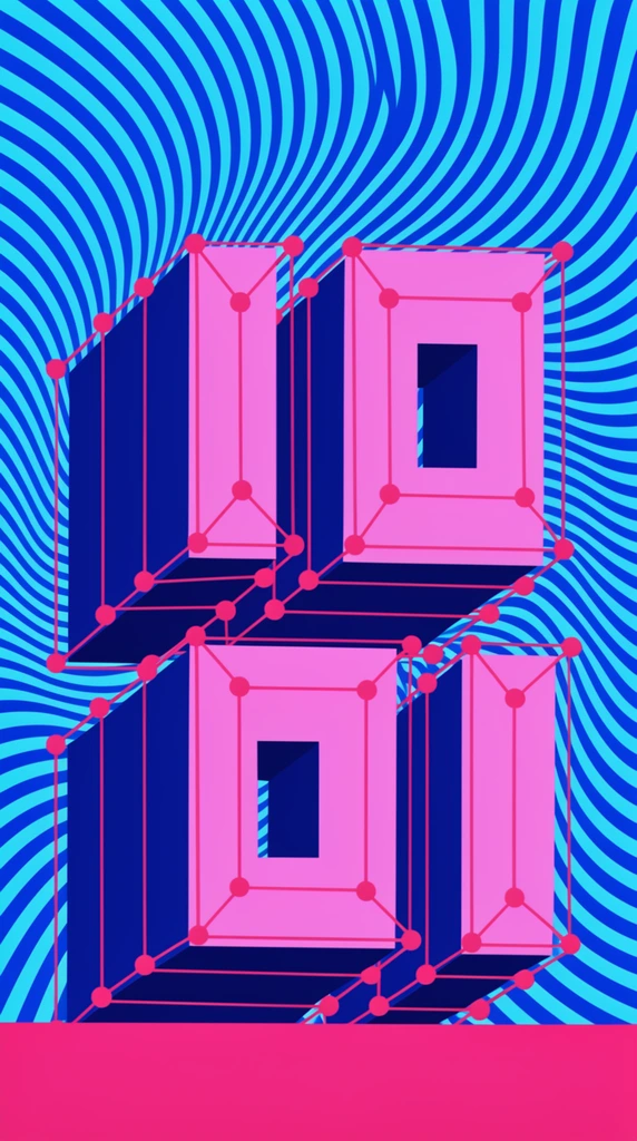 Large 3D geometric block structures with flat bright pink faces, dark blue extruded depth, and pink wireframe overlays featuring circular vertex nodes. The background is a vibrant optical illusion of wavy, alternating cyan and dark blue radiating stripes. A solid pink horizontal bar anchors the bottom edge in a bold vector graphic style.