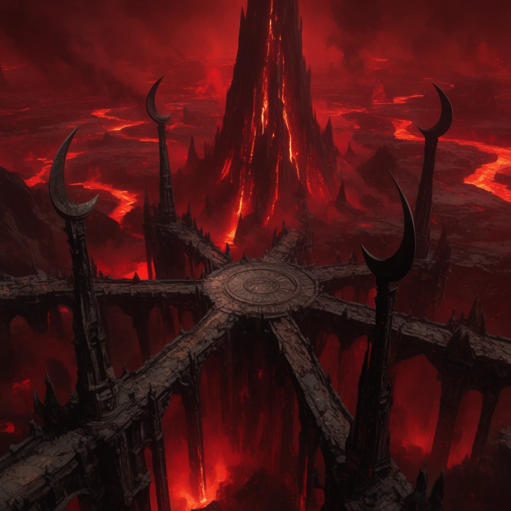 massive hellish underworld landscape, towering dark spire glowing with molten lava, jagged gothic stone bridges converging on a circular platform, towering crescent-bladed pillars, sprawling wasteland of fiery rivers, dense red smoke, dark fantasy concept art, red and black palette, wide cinematic perspective