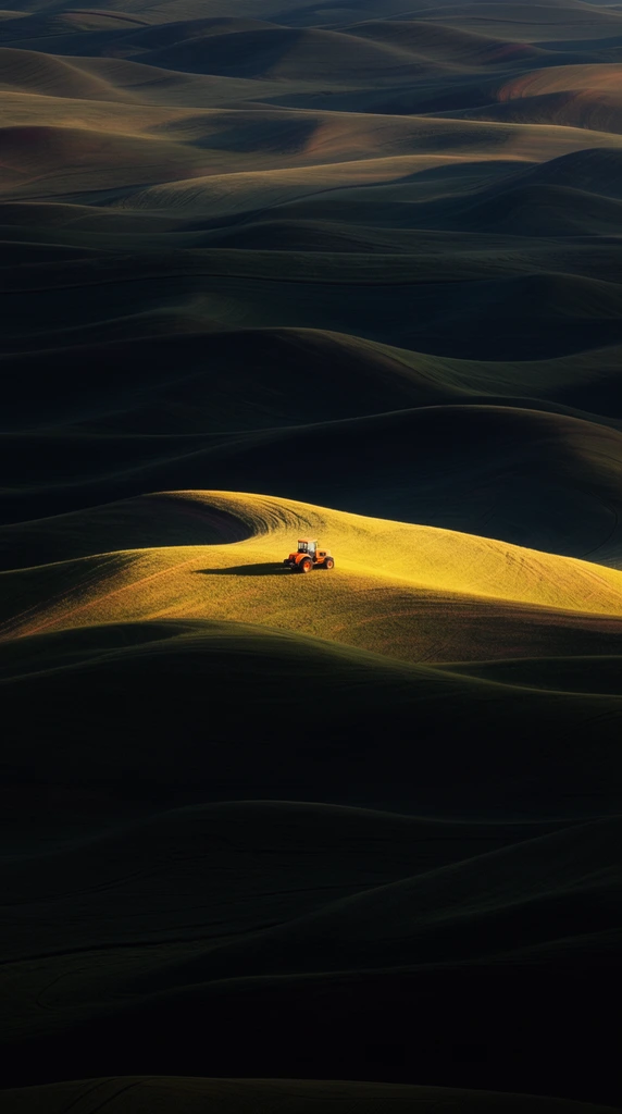 Undulating rolling hills dominate a vast agricultural landscape defined by smooth, rhythmic curves and dramatic chiaroscuro lighting. Deep, dark shadows obscure the valleys in muted greens and blacks. A sharp beam of golden sunlight strikes a central grassy ridge, illuminating a tiny orange tractor resting in the glow. The telephoto composition compresses the sweeping topography into an abstract pattern of layered peaks and troughs.