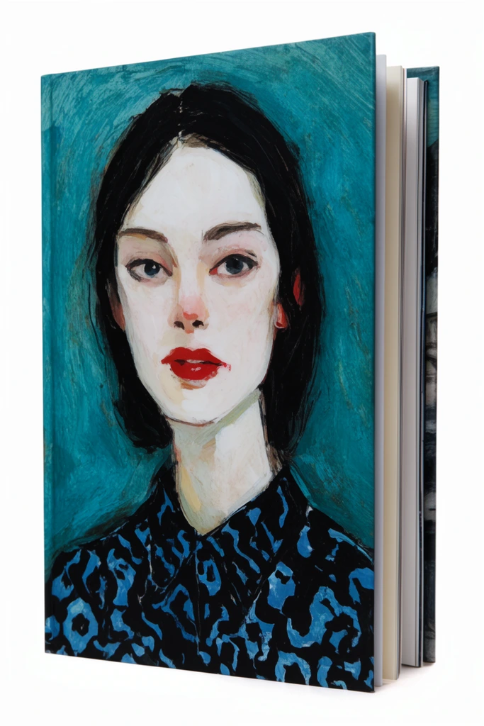 standing hardcover book, slightly open, angled view, cover art featuring an expressive painterly portrait of a woman, pale skin, red lips, dark hair, black and blue patterned shirt, textured teal background, stark white environment, studio product photography, flat lighting