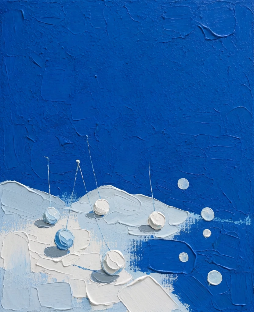 minimalist oil painting aesthetic with heavy impasto brushstrokes and visible canvas texture, vibrant ultramarine blue background with expansive negative space, white and pale blue spheres suspended from thin delicate wires in a sparse open landscape, scattered painterly bubbles, expressive highlights and soft gray shadows, tactile hand-painted finish, high contrast composition anchored in the lower third, clean graphic sensibility with organic artisanal details.