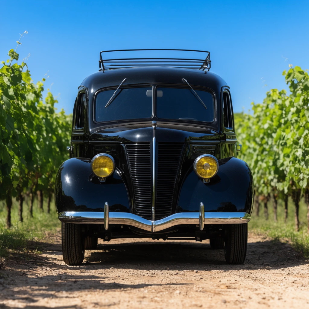 Vintage black panel van on a dirt path between lush green vineyard rows under a bright blue sky. The rounded vehicle has a vertical grille, yellow headlights, split windshield, and roof rack. Sharp, bright automotive photography.