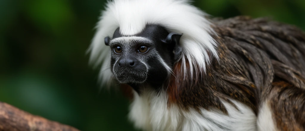 Close-up portrait of a cotton-top tamarin on a branch looking left. It has a striking black face, dark eyes, a dramatic white hair crest, and mottled brown back fur. The background is a blurred dark green forest canopy, captured with shallow depth of field and soft natural light.