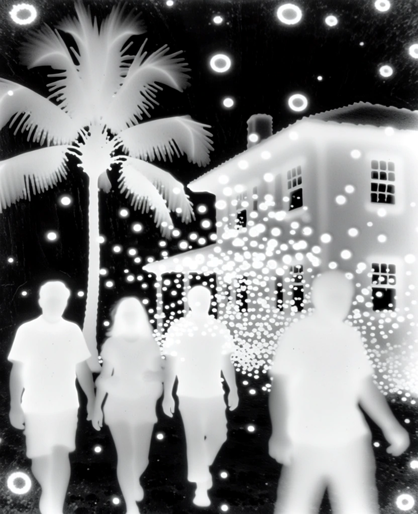 high-contrast solarized photogram aesthetic, monochromatic black and white, a building with palm trees and five people walking, luminous glowing white silhouettes against a deep ink-black background, ethereal radiant edges with soft-focus diffusion, scattered glowing circular orbs and luminous particles floating throughout the scene, ghostly dreamlike atmosphere, tactile grainy textures, abstract radiant light, minimalist avant-garde style, blurred motion, ethereal glow.