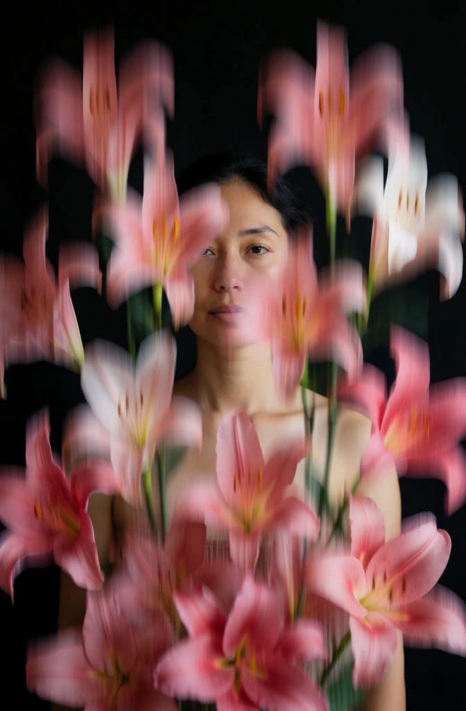 A portrait of a woman is partially hidden behind a series of vertically motion-blurred pink flowers against a dark, minimalist background. The woman, positioned in the center middle ground, has dark hair pulled back, with her eyes and brow line visible through the gaps between the floral elements. Her eyes look directly forward with a neutral expression. Numerous pink flowers, resembling lilies or bell-shaped blossoms, are scattered throughout the foreground and midground, exhibiting a distinct vertical streaking effect that stretches the petals into long, soft lines. These flowers show shades of rose, salmon, and soft white, with some hints of yellow-orange pollen in the centers. The background is a solid, deep black that provides high contrast to the vibrant colors of the flowers and the soft tones of the woman's skin. The composition uses a shallow depth of field, with the woman's face appearing slightly out of focus while the blurred flowers create a layered, textured effect across the entire frame. The lighting is soft and diffused, highlighting the delicate textures of the petals and the smooth contours of the subject's face.