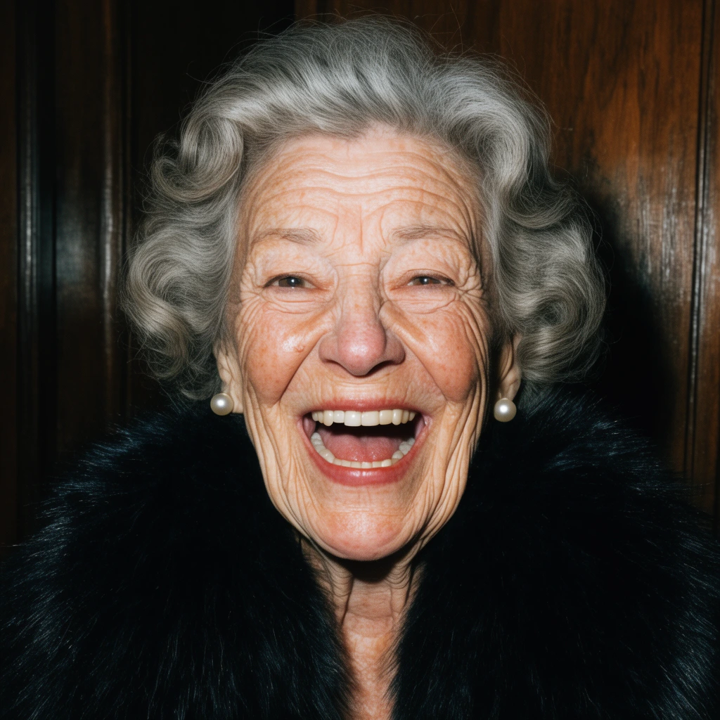 Close-up portrait of an animatedly laughing elderly woman, wavy gray hair, pearl earrings, thick black fur collar, heavily wrinkled skin, direct harsh camera flash, deep shadows, dark wood background