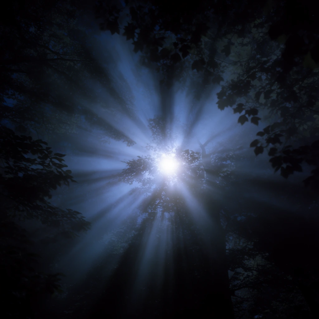 intense volumetric light rays piercing through a dense dark forest canopy, low angle looking straight up into the trees, bright central glowing light source bursting through foliage, deep blue and pitch-black color palette, heavy atmospheric haze catching the light beams, dark silhouetted leaves and branches heavily framing the outer edges, cinematic photography, moody ethereal atmosphere, dramatic chiaroscuro contrast, soft radiant glow