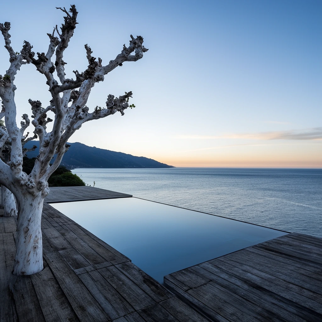 A sleek infinity pool embedded in a weathered wooden deck overlooks a tranquil ocean at twilight. The glass-like water reflects the soft blue and pale orange gradient of the sky. A stark, heavily pruned tree with gnarled white bark anchors the left foreground. In the distance, a dark coastal mountain range meets the horizon. The wide-angle architectural composition emphasizes sharp geometric lines against the serene, expansive natural seascape.