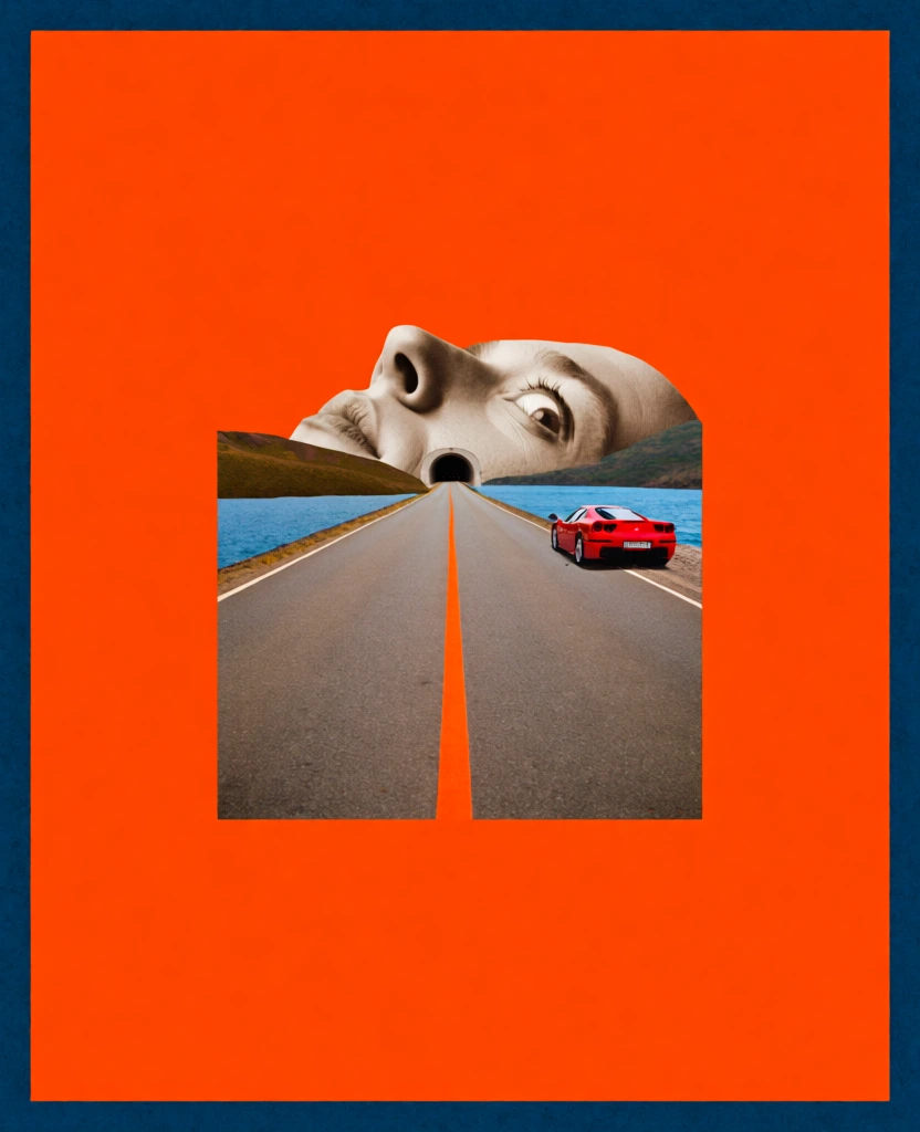 This surreal collage merges disparate landscapes and scales into a single, dreamlike composition. The bottom half of the image is dominated by a long, straight concrete bridge with grey metal railings that recedes toward a central vanishing point on the horizon. A vibrant red car is positioned on the right side of the bridge, traveling away from the viewer. The road surface is a pale tan color, marked by a single, thin orange line down the center. Calm, deep blue water flanks the bridge on both sides, meeting a horizontal line where a large, sepia-toned cutout of a human face is laid flat across the horizon. The face is shown from the bridge of the nose upwards, tilted back so the forehead and one visible eye are prominent. At the exact point where the bridge reaches the horizon, a small, dark, arched tunnel is cut into the base of the person's nose. The top half of the image features a solid, deep blue sky. On the right, behind the giant face, are architectural and natural elements: a tall, weathered white church tower topped with a small cross, a portion of a dark-roofed building, and a tall, slender, dark green cypress tree. The artistic style is a manual collage, evidenced by the sharp, cut edges of the overlapping elements. The composition utilizes a strong central perspective and a color palette of blues, warm tans, and a singular pop of red. The lighting within each collaged piece is distinct, yet they are unified through the graphic arrangement.
