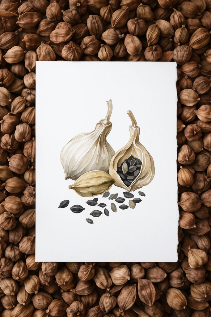 watercolor illustration of cardamom pods and dark seeds on white paper, framed by hundreds of real dried brown cardamom pods, top-down flat lay