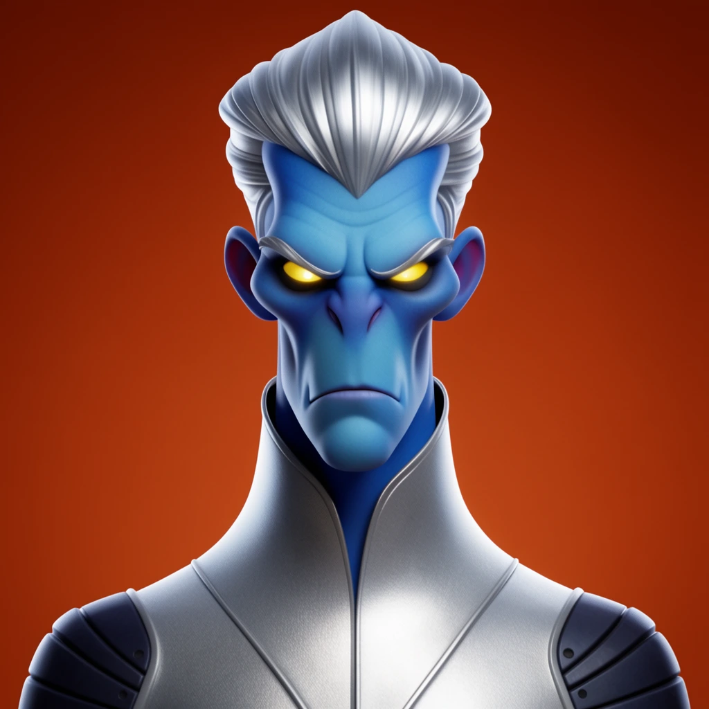 Stylized 3D portrait of a menacing blue-skinned alien with silver hair and glowing yellow eyes. The figure wears a high-collared silver tunic with segmented dark shoulder pads. Set against a solid deep orange background, soft studio lighting highlights smooth matte textures and crisp details.