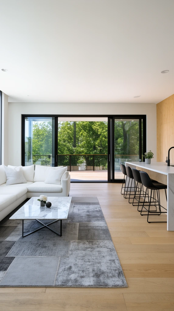 modern open-concept interior, white sectional sofa on a gray patchwork rug, marble coffee table, kitchen island with four black barstools, light wood accent wall, black-framed sliding glass doors opening to a wooden deck, lush green trees, light oak floors, bright daylight, contemporary architectural photography