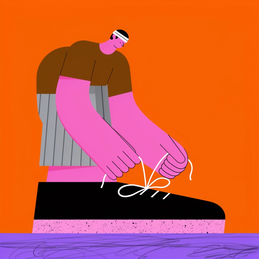 surreal flat vector illustration, figure with bright pink skin and massive arms tying white laces on a giant black shoe, small head wearing a white headband, brown shirt, grey striped shorts, pink speckled shoe base, solid vibrant orange background, purple ground with sketchy lines, bold color blocking, geometric minimalism