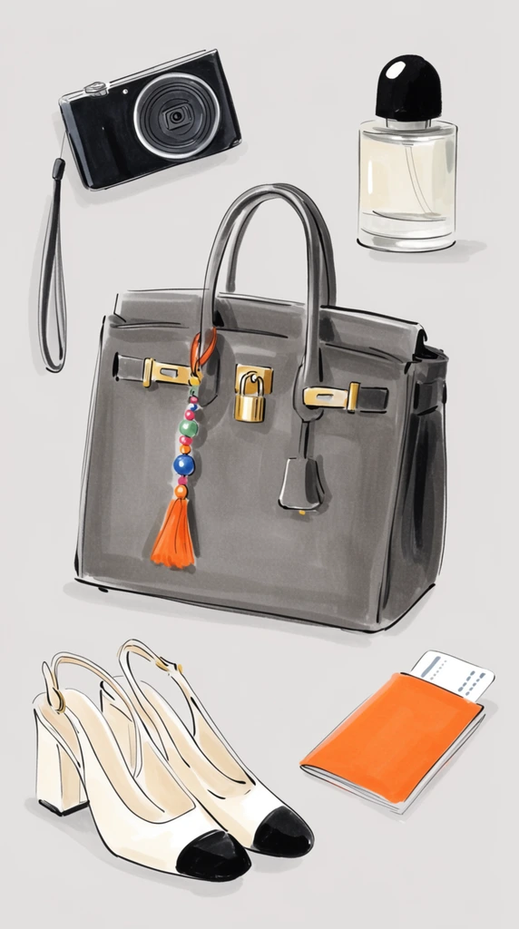 A flat-lay fashion illustration displays travel accessories arranged loosely on a light grey background. Centered is a structured dark grey leather tote bag with gold hardware, a padlock, and a colorful beaded charm with an orange tassel. A black compact digital camera with a wrist strap sits above it to the left, alongside a cylindrical frosted perfume bottle with a black dome cap on the right. Below, a pair of off-white slingback block heels with black toe caps rests on the left, opposite a bright orange travel booklet holding a white rectangular ticket. The artwork features loose, fluid black linework, soft marker-like shading, and gentle drop shadows anchoring the elegant items.