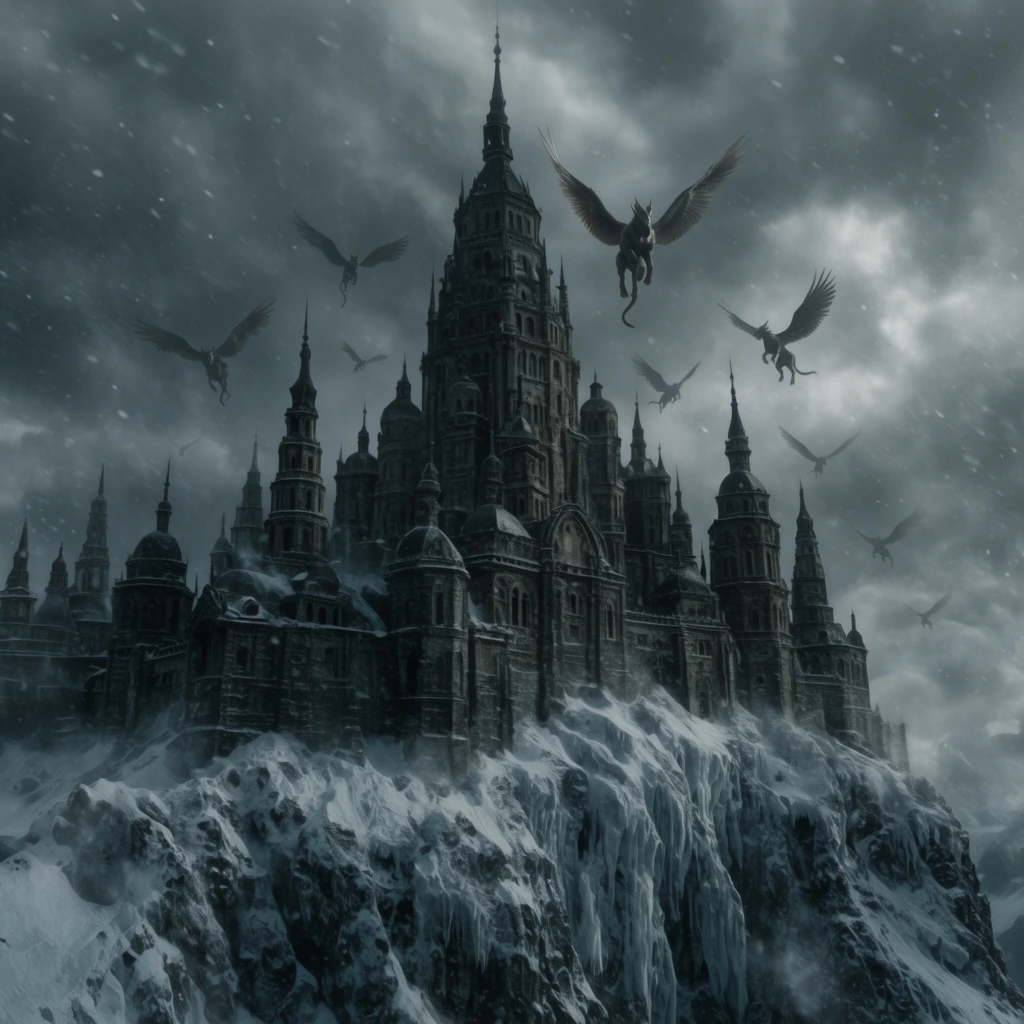 A sprawling neo-gothic dark stone monastery crowns a jagged, ice-covered cliff. The architecture features numerous twisting spires and domed towers. Heavy grey storm clouds and swirling blizzards dominate the oppressive atmosphere. Giant winged griffins soar around the central peak. Cinematic low-contrast lighting emphasizes the monumental scale of the fortress against the desolate winter environment.
