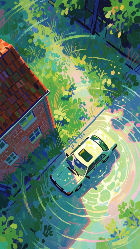 overhead bird's-eye view, impressionistic digital painting style, thick expressive brushstrokes, sleek sedan parked beside a weathered brick building, lush overgrown vegetation, vibrant emerald and teal color palette, dappled shimmering sunlight, concentric rippling patterns of light and shadow across the pavement, ethereal textured aesthetic, rich painterly layers, pops of warm yellow and soft pink highlights, fluid organic composition, dreamy atmosphere, heavy digital impasto textures