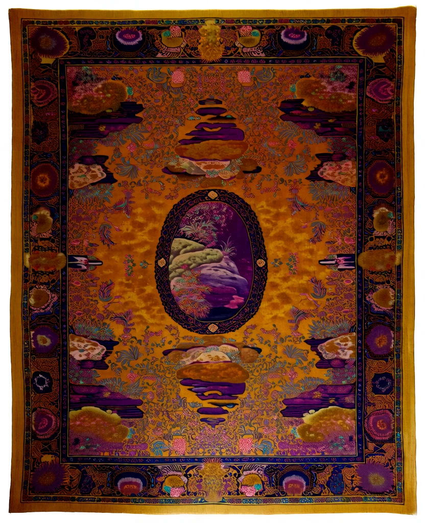 symmetrical tapestry composition, stratified rock formations with moss and leafy vegetation, central oval medallion containing detailed stone textures and greenery, intricate border with repeating mossy motifs and rocky outcrops, dense filigree of stone layers and trailing plants, rich gold and deep purple color palette, teal and pink accents, textile-like texture with fine details, regal aesthetic, balanced vertical and horizontal symmetry, ornate botanical and geological patterns.