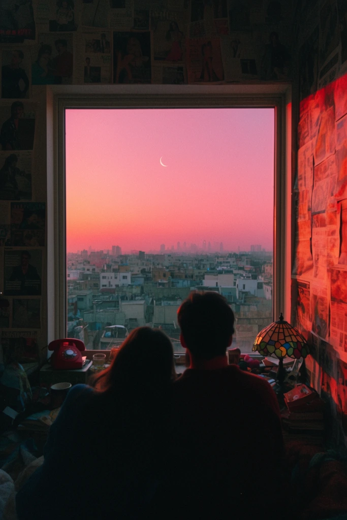 silhouetted couple viewed from behind gazing out a large square window, vibrant pink and orange twilight sky with a thin crescent moon, dense cityscape of flat rooftops and hazy distant skyline, dark interior walls plastered with magazine clippings, cluttered sill featuring a red rotary phone and stained glass lamp, warm reddish sunlight striking the right wall, cinematic nostalgic photography, lo-fi aesthetic
