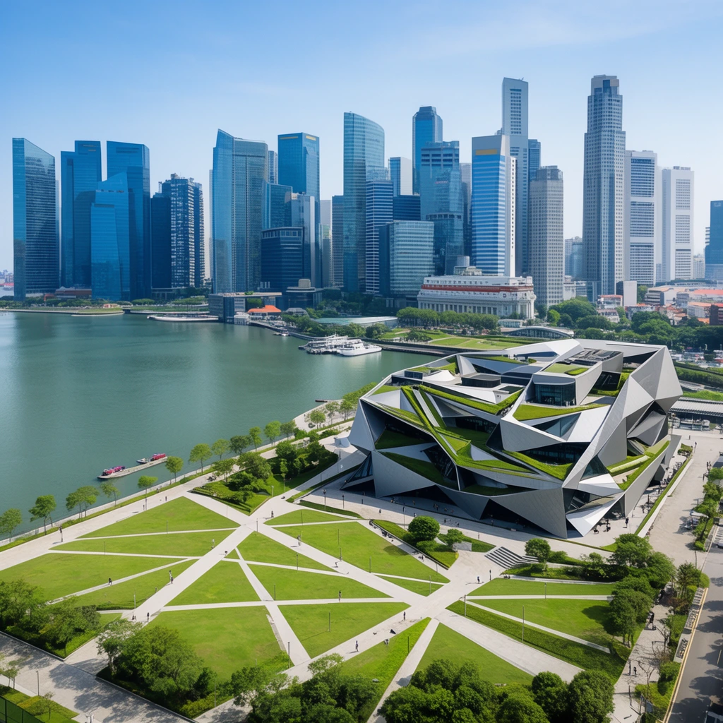 Aerial view of a modern waterfront metropolis. A striking, angular deconstructivist building with green terraces borders a geometric park defined by intersecting pathways. A dense skyline of blue-glass skyscrapers rises in the background under a clear sky.