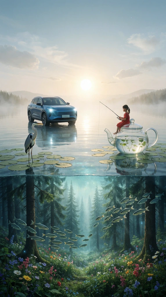 surreal dual-world landscape, modern blue SUV resting on glassy water, glowing headlights, young girl in a red dress fishing while sitting on a giant floating transparent glass teapot, tall heron on scattered green lily pads, submerged underwater realm revealing an evergreen forest, colorful flowers, school of silver fish swimming through submerged trees, ethereal misty atmosphere, low bright sun on the horizon, hazy sky, magical realism, highly detailed composite photography