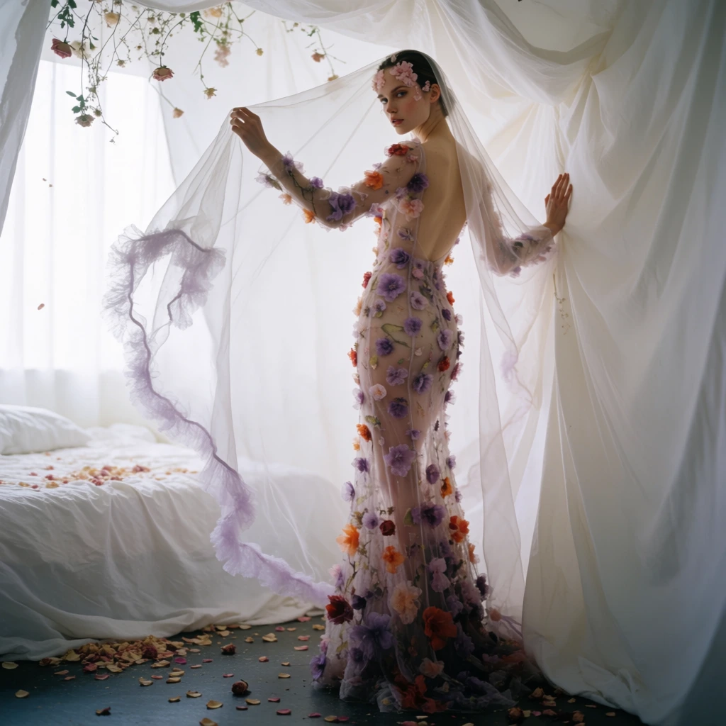 An ethereal fashion portrait of a woman in a sheer, backless floral gown inside a white-draped fabric enclosure. The fair-skinned model stands in profile, glancing backward over her shoulder with delicate pink floral embellishments on her forehead. Her form-fitting, long-sleeved dress features translucent mesh covered in 3D purple, orange, and red fabric blossoms. She holds up a sweeping, translucent white veil with lilac trim, framing her silhouette. Her right hand rests against the billowing fabric wall. Soft, diffused daylight illuminates a nearby white bed and scattered dried rose petals. Delicate floral vines hang from the ceiling above a dark floor scattered with fallen petals, defining this romantic, avant-garde editorial composition.
