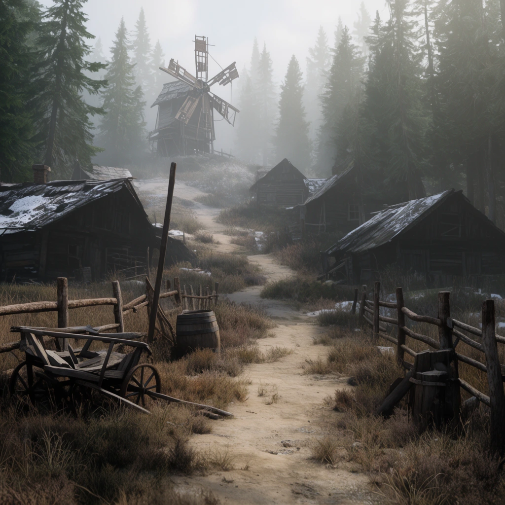 A weathered dirt path bordered by rough wooden fences leads toward a rustic village nestled in a misty coniferous forest. Dry scrub grass surrounds a broken wooden handcart, a barrel, and a leaning wooden pole in the foreground. The trail winds uphill past dark timber cabins dusted with patches of snow. A large dilapidated wooden windmill stands atop a distant hazy ridge. The photorealistic scene features cinematic volumetric fog, shallow depth of field, and a muted earthy color palette.