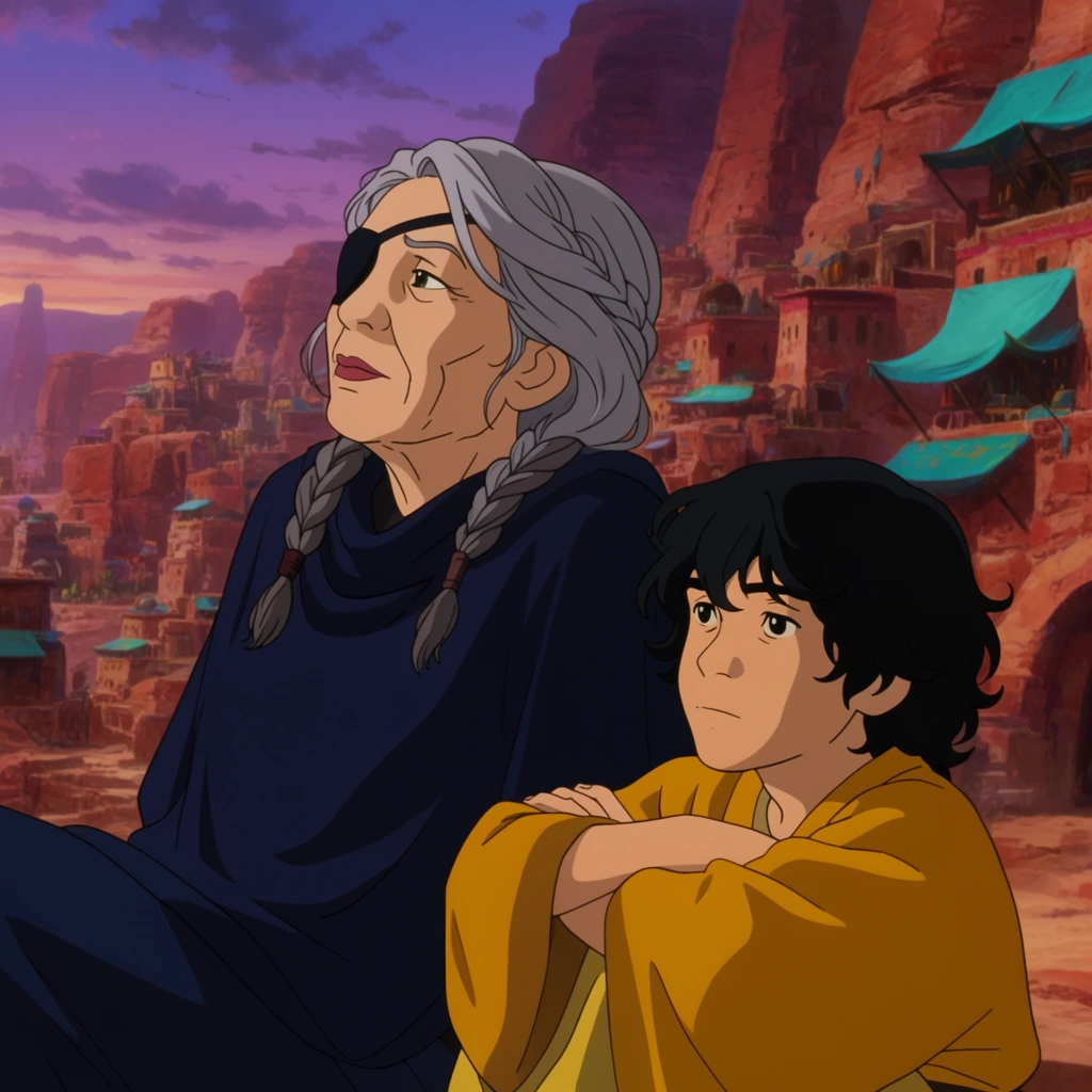 An older woman with braided gray hair and an eyepatch rests beside a young boy with wavy black hair, both gazing thoughtfully toward the left. The woman leans back in a midnight-blue poncho, while the boy sits with arms folded over his knees in a saffron-yellow robe. Behind them stretches a sprawling desert metropolis carved into towering red sandstone cliffs, accented by bright turquoise awnings. The sky is a twilight gradient of purple and orange with wispy clouds. The medium shot features a traditional 2D animation style, contrasting cel-shaded characters against a deeply painted scenic background.