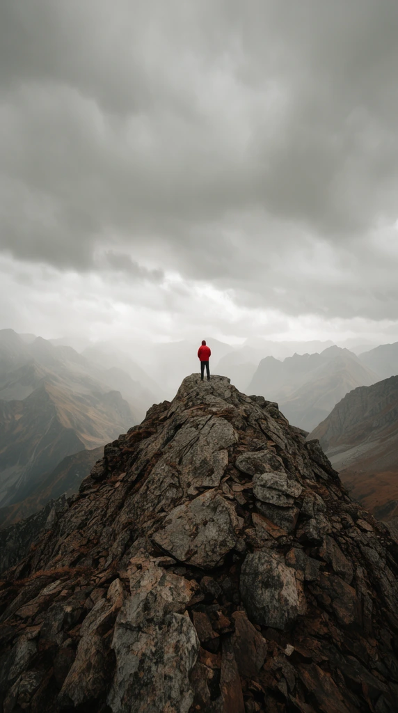lone figure in red jacket on rugged rocky peak, overlooking misty mountain ranges, expansive overcast sky, dramatic wide landscape photography, grand scale, muted earthy tones