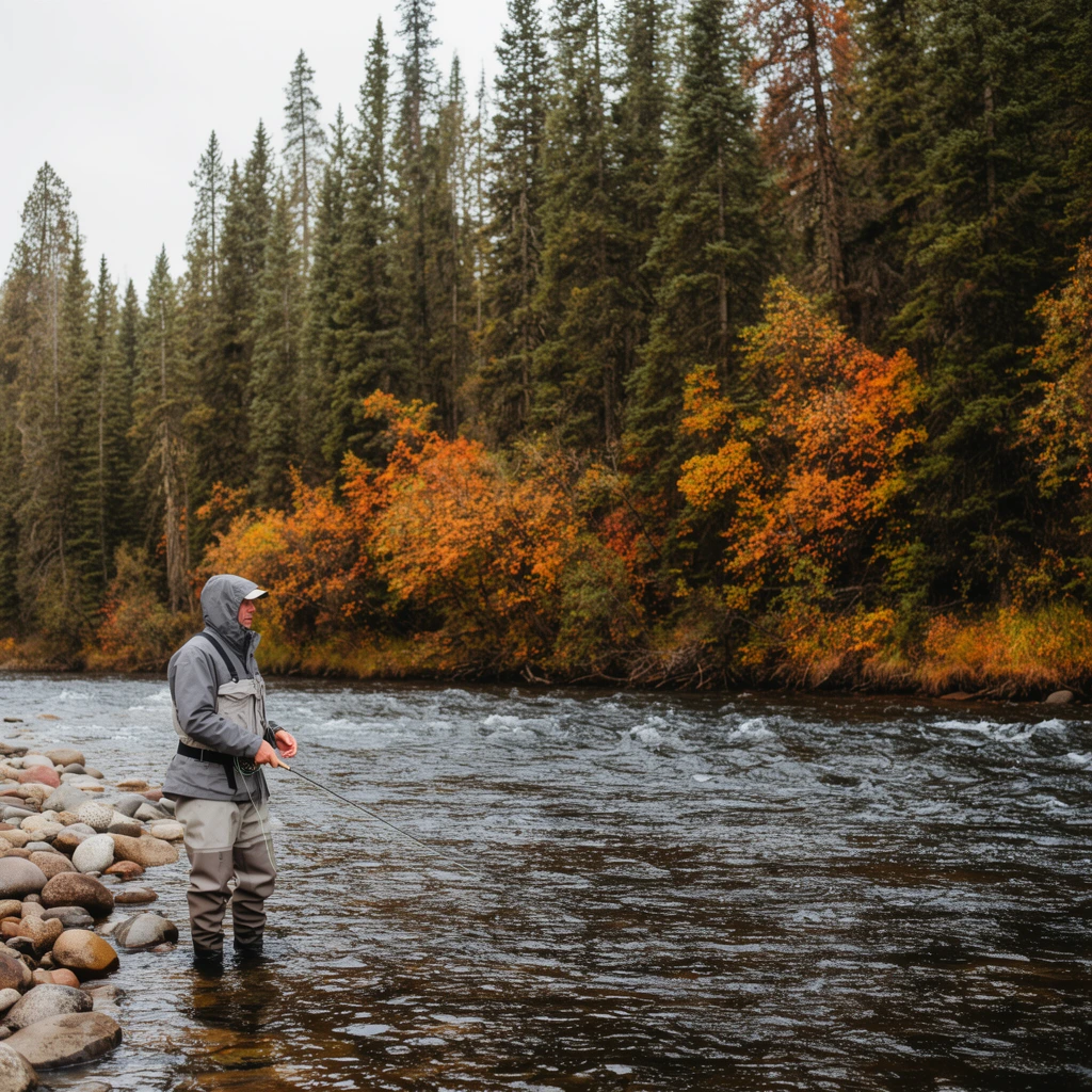solitary person fly fishing in a rushing river, wearing a grey hooded wading jacket and waders, holding a thin fishing rod, standing near a cluster of smooth river rocks on the left bank, dark water textured with white ripples, dense wall of towering evergreens mixed with vibrant orange and yellow autumn foliage on the opposite bank, overcast pale sky, soft diffused natural light, wide landscape photography, earthy color palette, crisp focus