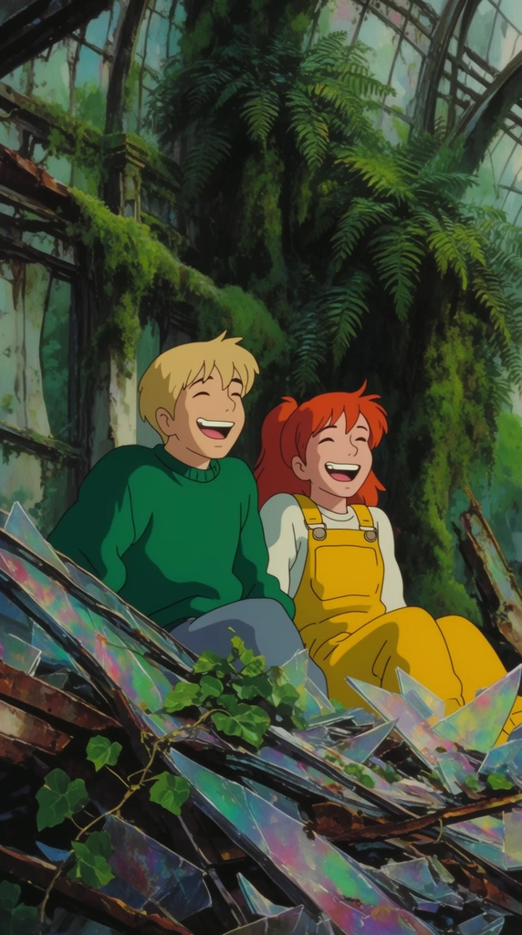 Two teenagers sit together laughing heartily amidst the vibrant debris of an overgrown abandoned greenhouse. A blonde boy wearing a thick emerald green sweater sits next to a redheaded girl dressed in bright yellow overalls. Both lean back slightly with wide joyful smiles and crinkled eyes. The foreground is a chaotic mound of shattered iridescent glass panels, twisted rusted metallic beams, and sprawling ivy vines. Behind them towering steel archways are thickly draped in heavy moss and massive ferns. The artwork is rendered in classic 2D cel animation featuring clean line art, flat shading, and detailed painterly backgrounds, contrasting the bright characters against the textured decay of the surrounding overgrown architecture under soft cinematic lighting.