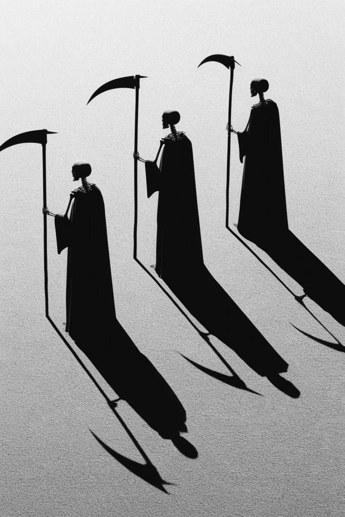 Three views of a cloaked skeleton holding a scythe rendered in a stark, high-contrast black and white graphic style. The skeletal figures, cloaks, and long scythes appear as solid, pitch-black silhouettes with razor-sharp edges, forming bold flat shapes against a pale, luminous gray ground. The ground surface features a dense, fine stippled grain and noise texture. Intense, extremely low-angle directional lighting casts radically elongated, sharp-edged black drop shadows stretching diagonally from the bases of the figures and their weapons across the textured plane. The minimalist, surreal composition operates through absolute monochromatic contrast, combining pristine geometric vector-like subjects with a rough, lithographic-style textured environment.