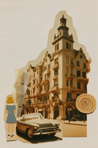 Tactile Surrealist Collage style reference image — analog paper collage