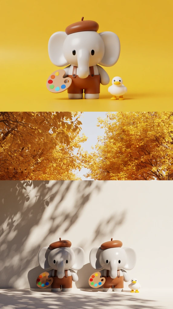 split-panel artwork, top half features a glossy 3D rendered white elephant in a brown artist beret and overalls holding a paint palette next to a small duck on a solid yellow background, bottom half places the same 3D toy characters outdoors against a bright off-white wall, dramatic dappled foliage shadows cast over the characters and wall, vibrant golden autumn trees under a clear sky above, blending stylized character design with a photorealistic sunlit environment