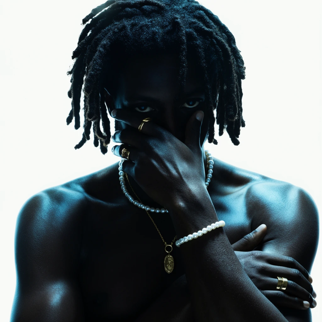 close-up portrait of a dark-skinned man with a bare torso and thick dreadlocks, hand resting on his partially obscured face, piercing gaze emerging from deep shadows, arms crossed, wearing a pearl necklace, gold pendant chain, pearl bracelet, and gold rings, stark white background, dramatic high-contrast lighting, cool cyan highlights accentuating muscle definition and skin texture, deep black shadows, editorial fashion photography, striking minimalist composition