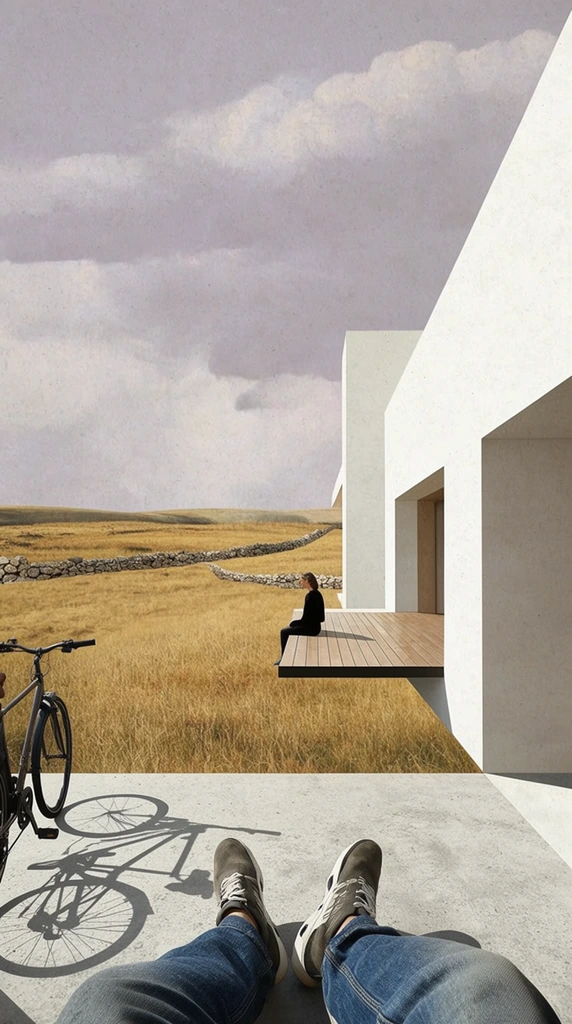 first-person view of legs resting on a concrete patio, minimalist white modern building with stark rectangular forms, dark bicycle casting a sharp shadow, figure in black clothing sitting on a cantilevered wooden deck, vast rolling landscape of dry golden grass, low stone wall winding through the field, pale purplish-grey cloudy sky, architectural collage rendering style, mixed media aesthetic blending flat geometric planes with photorealistic textures, wide-angle perspective