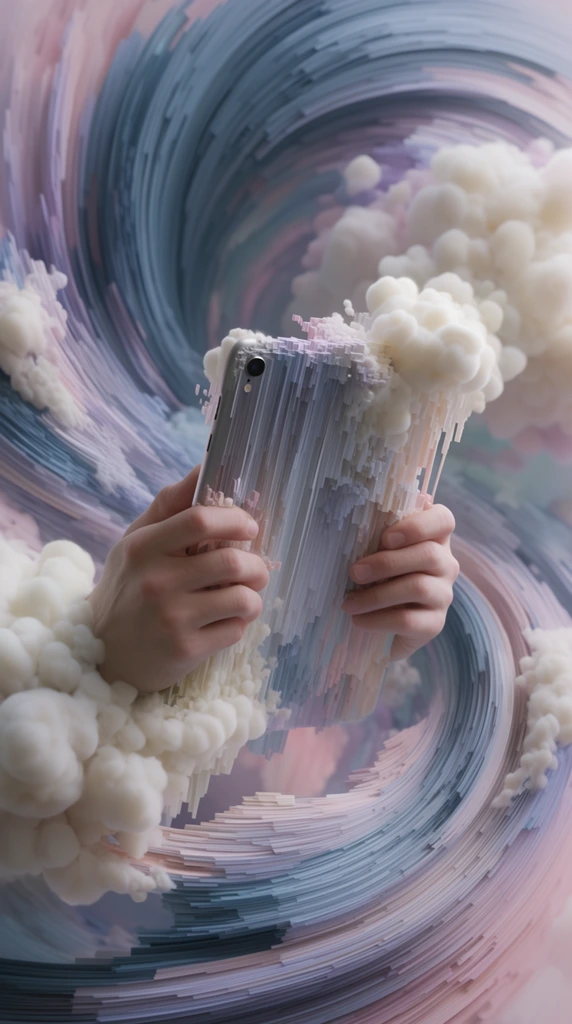 Hands holding a tablet device rendered in a surreal 3D digital glitch aesthetic characterized by pixel-sorted extrusions and volumetric cloud-like textures. The hands grasping the rectangular device fragment into rigid, vertical linear striations and stepped voxel-like geometry that stretch outward, dissolving the boundaries between the subject and the atmosphere. These hard, geometric digital artifacts morph seamlessly into soft, billowing, creamy white, cotton-like puffs of volumetric mass along their edges. The surrounding environment forms a deep, swirling fractal-like vortex composed of sweeping, spiraling ribbons of stretched geometric bands interspersed with additional clusters of the fluffy, organic formations. A soft, dreamlike pastel color palette dominates the scene, featuring muted slate blues, powdery pinks, pale lavender, and creamy whites. Diffused, ethereal lighting casts gentle, realistic shadows across the intricate ridges of the striated bands and the organic curves of the billowing textures. The ultra-high-fidelity 3D rendering emphasizes the stark textural contrast between the sharp, extruded digital lines and the soft volumetric forms, capturing a dynamic, twisting perspective focused centrally on the gripping hands and the fractured tablet.