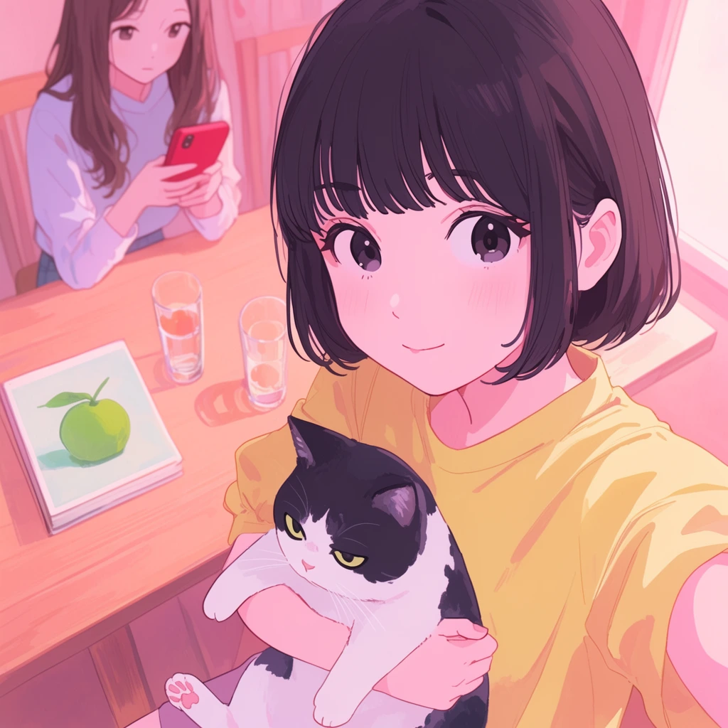 A high-angle anime illustration of a young woman with a dark bob haircut in a yellow shirt taking a selfie while holding a grumpy black-and-white cat. In the softly focused background, another woman with long brown hair sits at a wooden table holding a red phone. The table contains drinking glasses and a book featuring a green fruit. The scene features a soft pastel color palette and warm pink lighting.