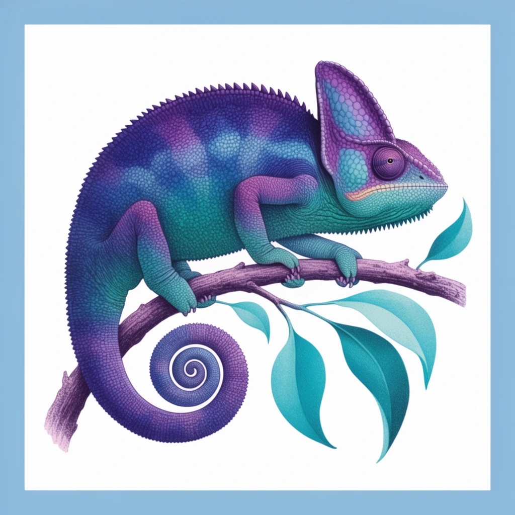 A highly detailed, stippled illustration of a chameleon resting on a curved branch, centered on a crisp white canvas bordered by a solid light blue margin. The reptile features a striking color gradient shifting from deep violet and indigo along its back to vibrant teal and turquoise on its underbelly. Intricate dot-work creates a textured, scaly appearance across its body, high head crest, and jagged dorsal ridge. Its long tail curls tightly into a pristine spiral. The rough purplish-brown branch sprouts smooth, curving teal leaves framing the chameleon's coiled tail and gripping clawed feet. The artwork features a modernized, vividly colored vintage zoological etching aesthetic.