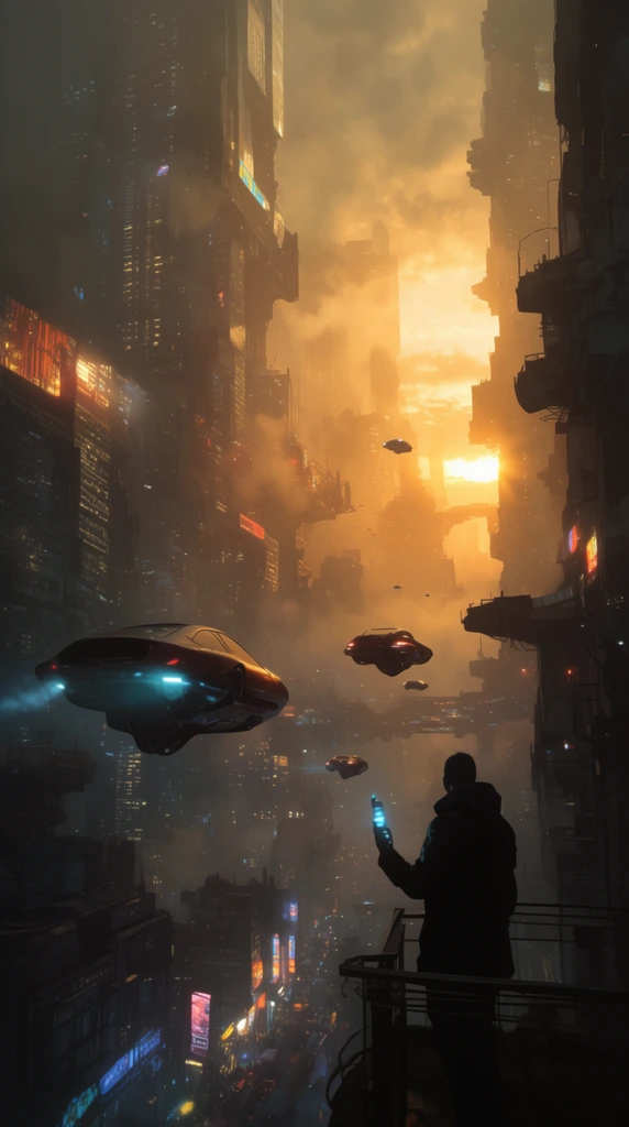 futuristic multi-tiered metropolis, thick atmospheric smog, warm golden sunset piercing haze, silhouetted figure on foreground balcony holding glowing blue device, flying hovercars navigating chasms between towering skyscrapers, neon lights, shadowy lower streets, cinematic sci-fi concept art